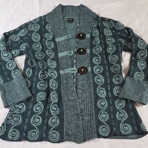 CoVeto Green Swirl Cardigan XL Buttons And Ribbons